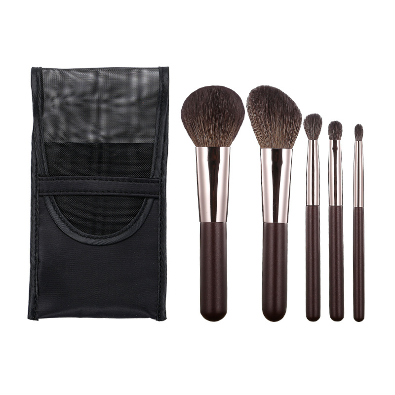 HXT-001C new style small synthetic fiber matte black wooden handle double-end portable 5pcs makeup brush set with storage case