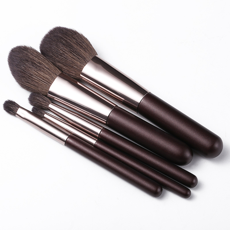 HXT-001C new style small synthetic fiber matte black wooden handle double-end portable 5pcs makeup brush set with storage case