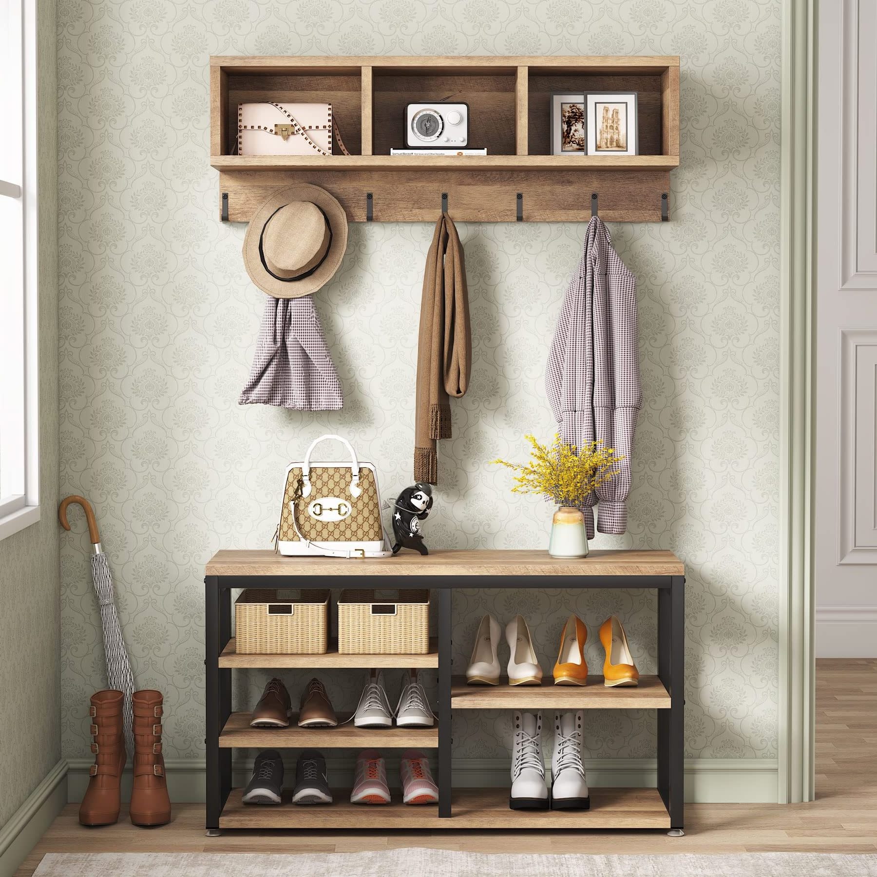 Hot sale Wholesale 2023 Coat Racks Wall  Storage Entryway Hall Tree Coat Rack And Shoe Bench With Shelves