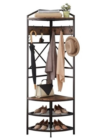 Best Seller New Design Industrial Corner Hall Tree with Shoe Bench Entryway Coat Rack w/ 6 Double Hooks