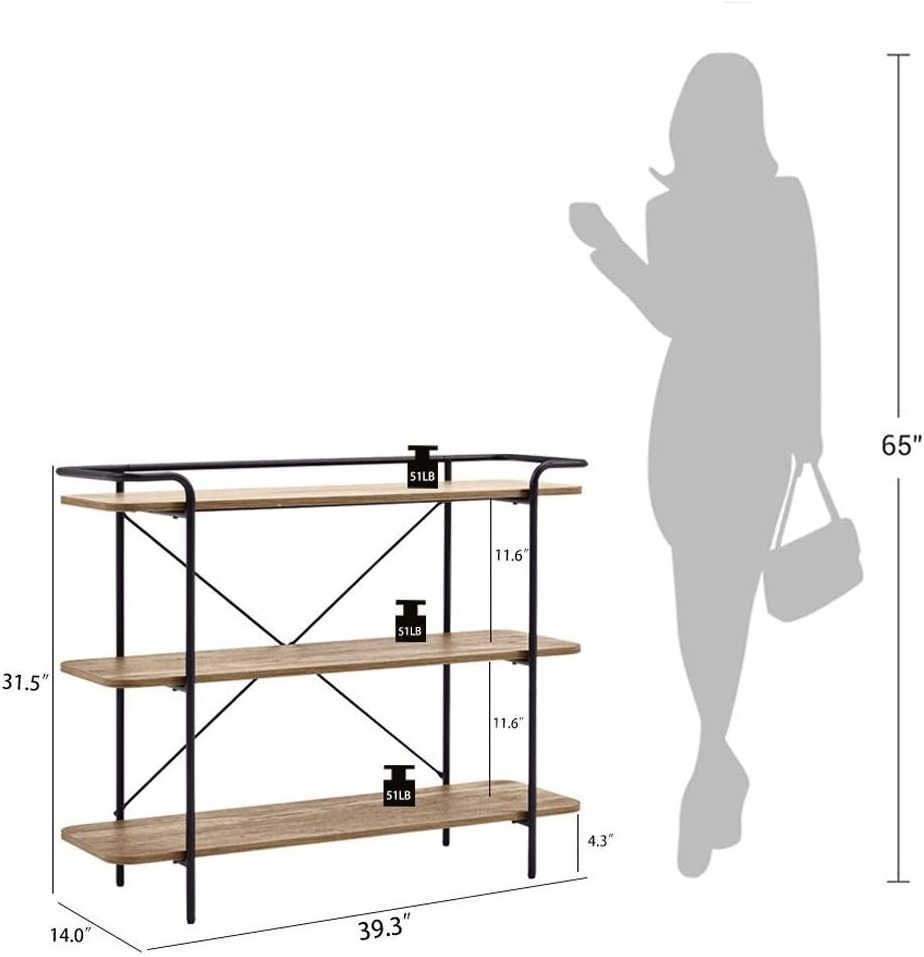 Modern Open Narrow Wood  3-tier Shelf tall Metal steel display Book shelf stand Bookcase Rustic Etagere shelf