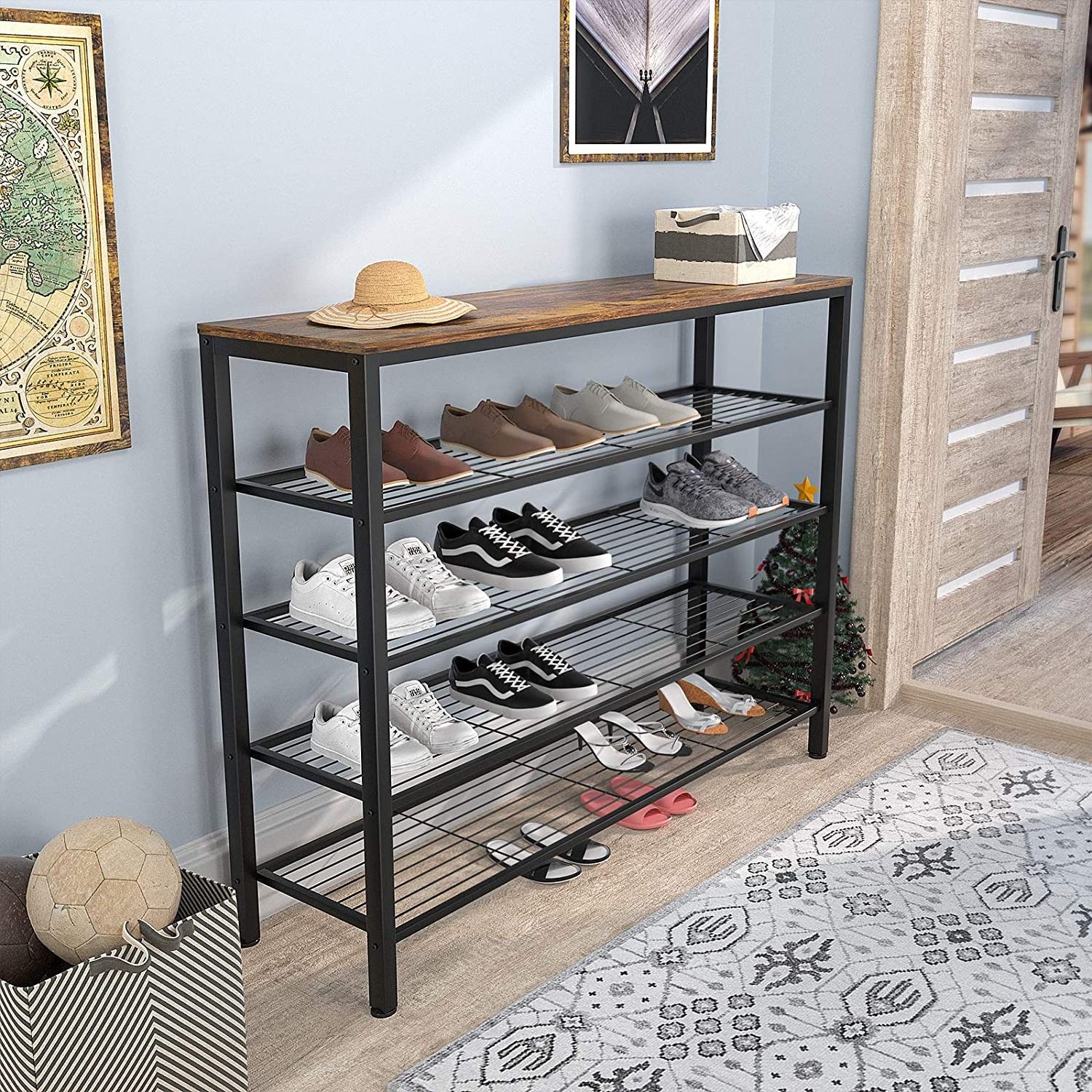 Industrial  Large 5-Tier Metal Shoe Rack Shelves with Wood Board, Entryway Table for Hallway, Living Room