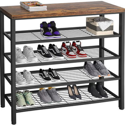 Industrial  Large 5-Tier Metal Shoe Rack Shelves with Wood Board, Entryway Table for Hallway, Living Room