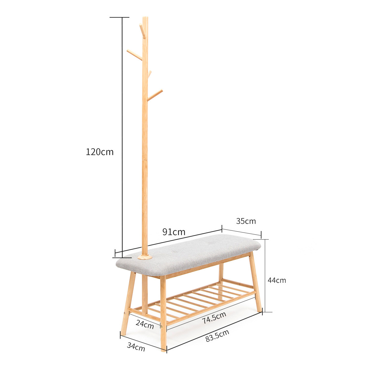 Coat Rack with Soft Padded Shoe Bench Entry Wooden Rack Wall Hanger Floor Type Coat Rack