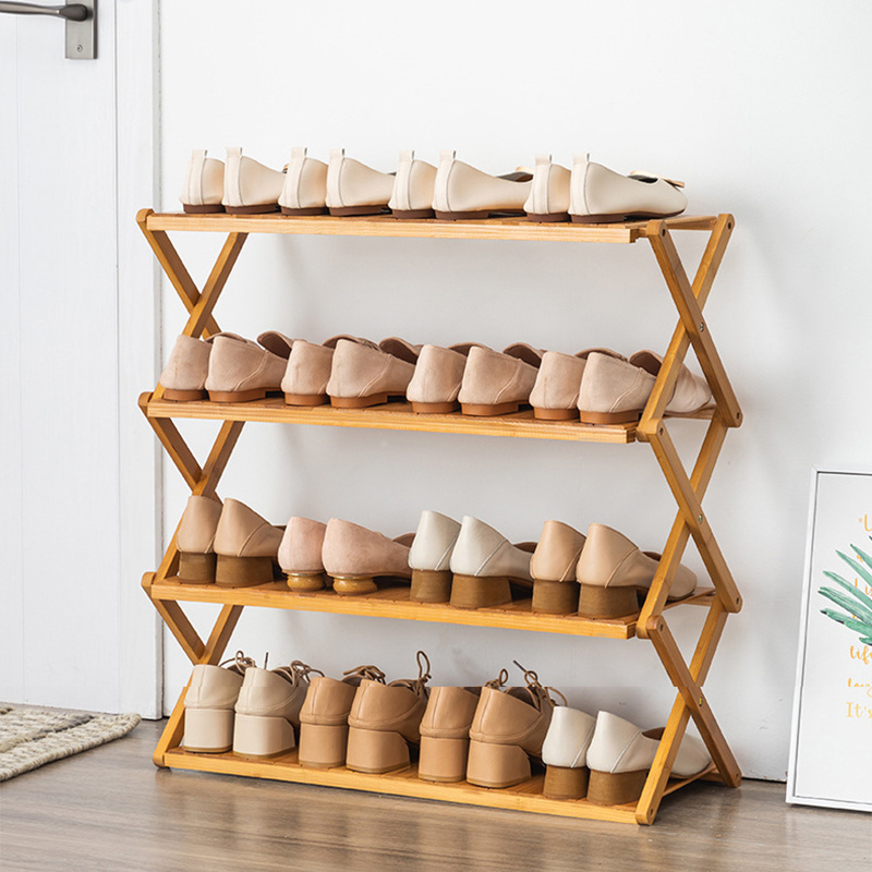 Brown Four Tier Home Storage Hallway Bamboo Folding Shoe Rack