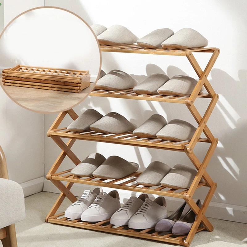 Brown Four Tier Home Storage Hallway Bamboo Folding Shoe Rack