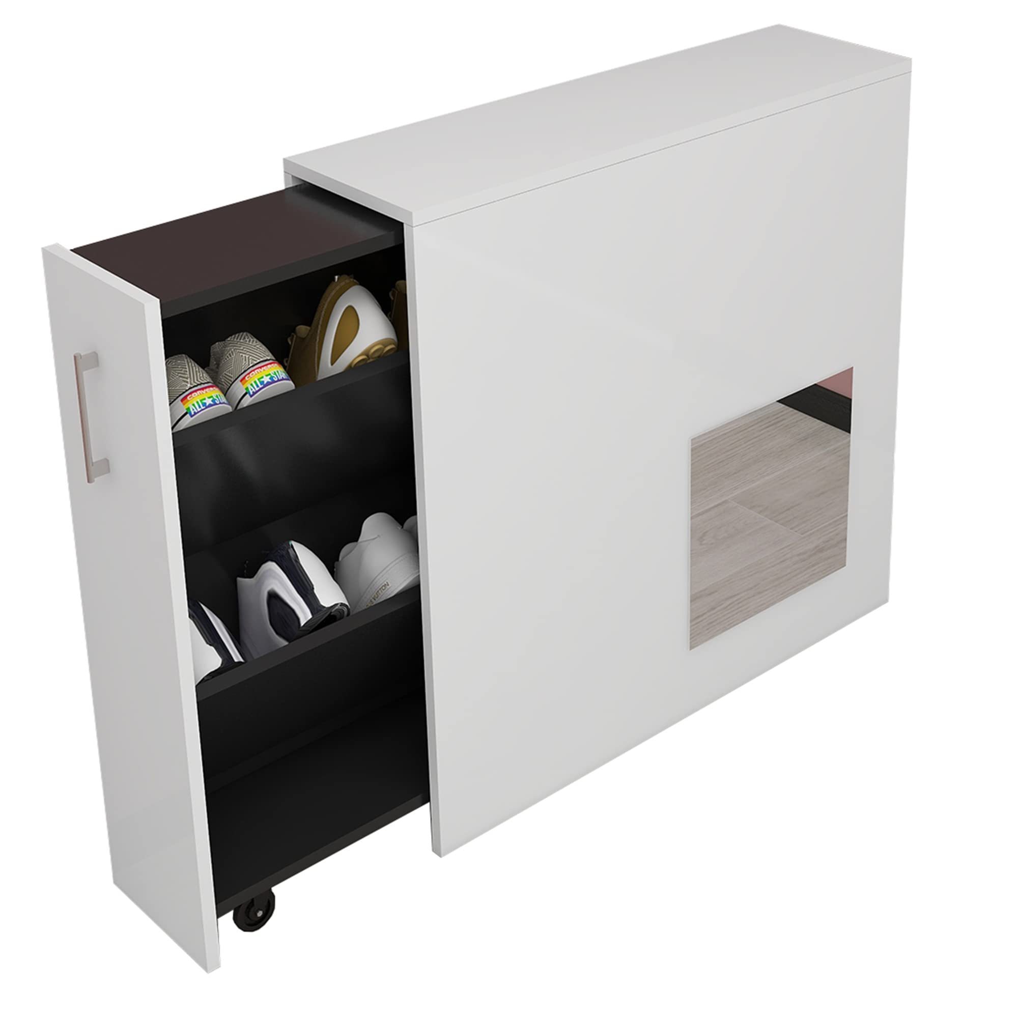 Pull-Out Shoe Rack, Storage Shoe Cabinet with Wheels and Mirror Creative Closet Shoe Cubby Decorative Furniture, White