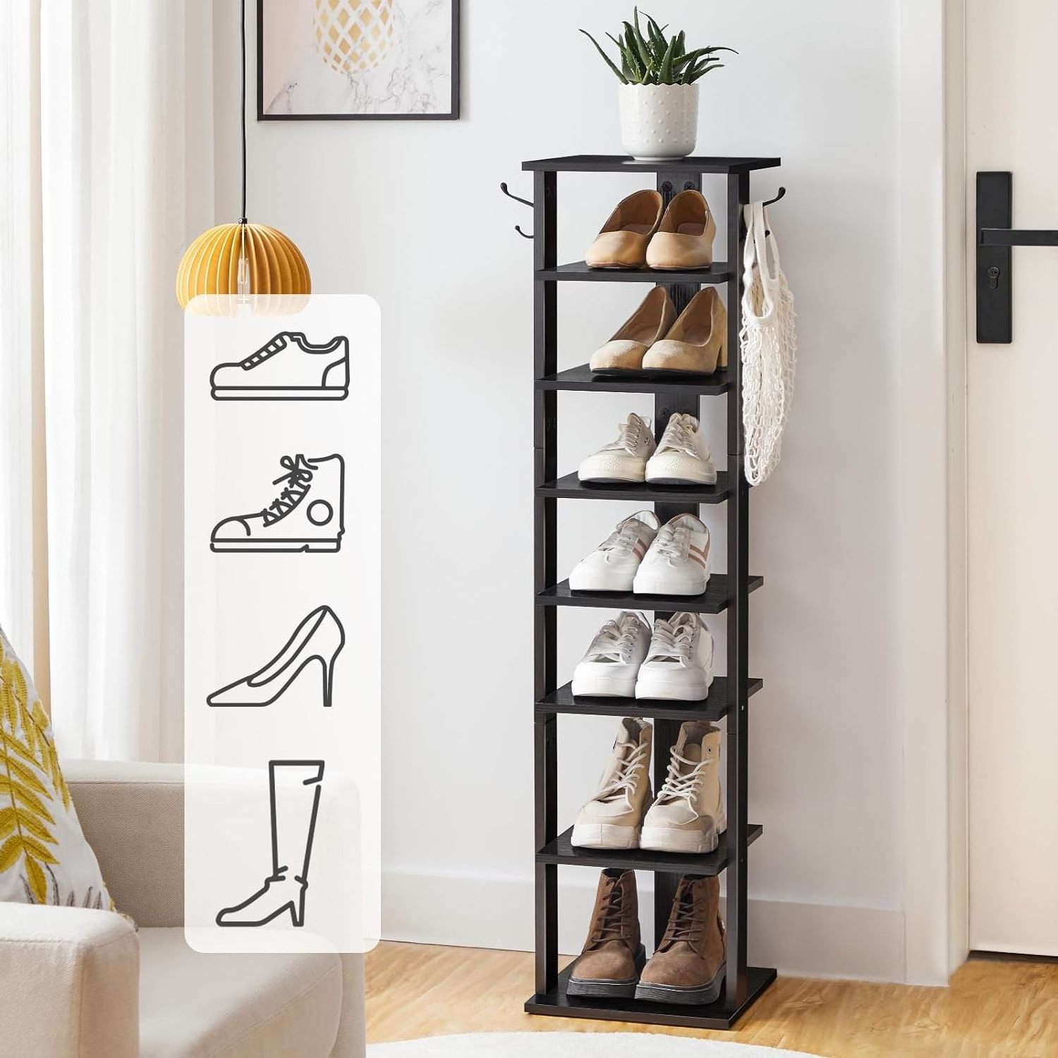 HaiYang Space Saving 7 Tier Shoes Storage Organizer Removable Narrow Shoe Rack Wooden Vertical Coat Shoe Rack