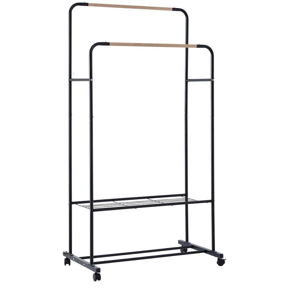 Double Rails Clothes Rack with 2 Tiers Metal Shelf Rolling Clothing Rack on Wheels