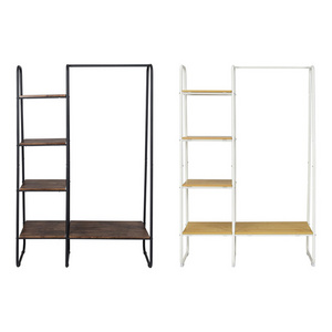 Free standing metal frame coat clothes hanging rack 4 tier wood shelvers clothing garment rack