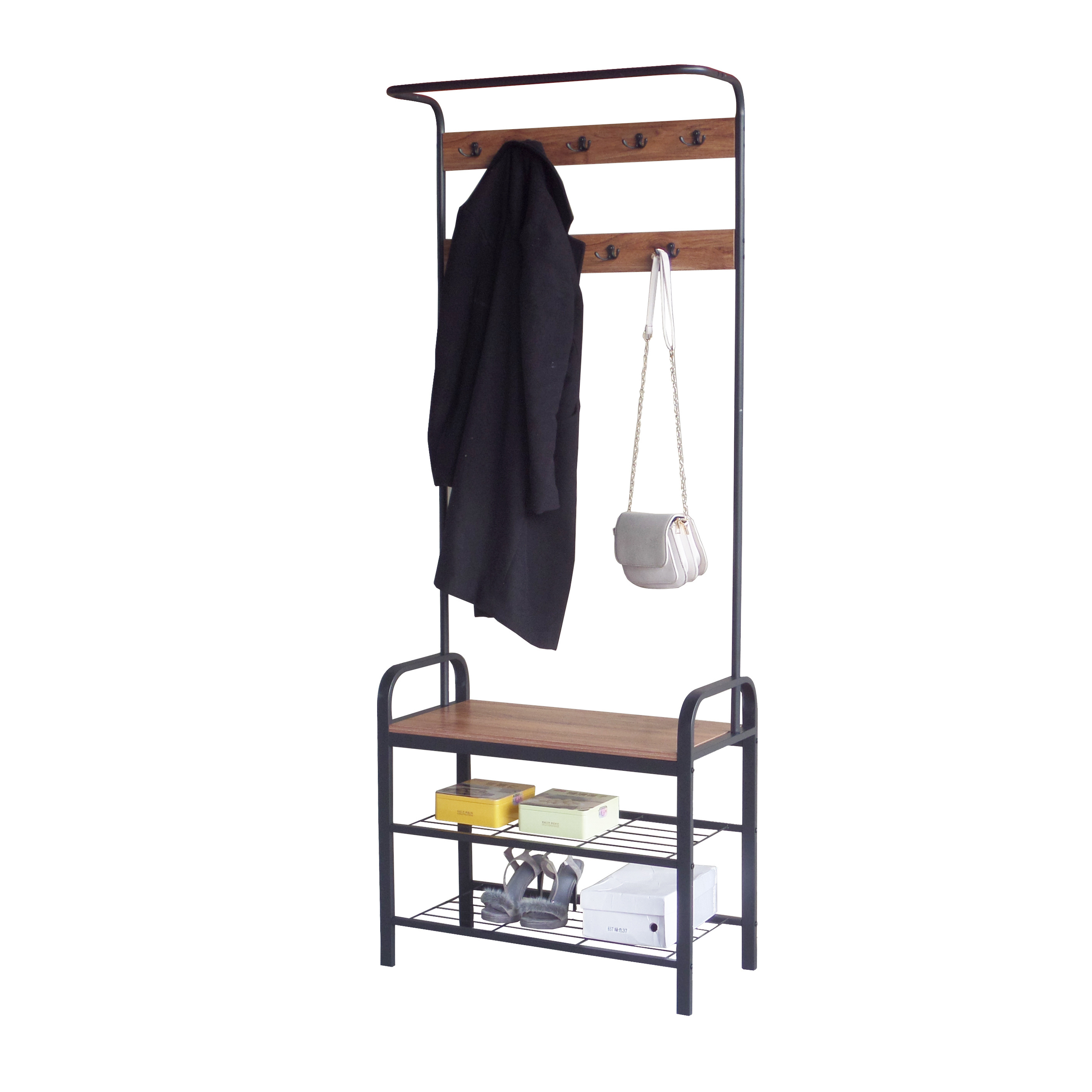 Metal iron 3-tiers shelves space-saving shoe storage bench hall tree entrance coat rack with 18 hooks and bench