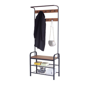 Metal iron 3-tiers shelves space-saving shoe storage bench hall tree entrance coat rack with 18 hooks and bench