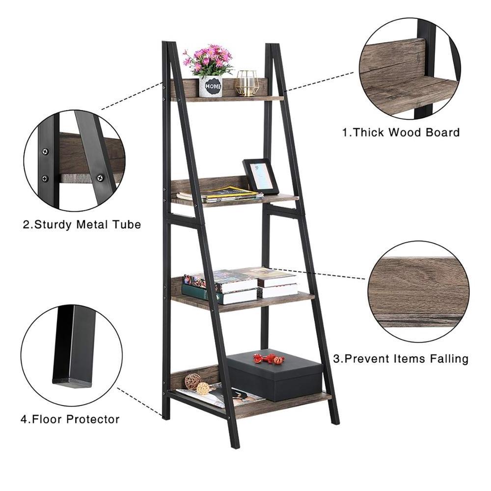 Ladder Shelf 4 Tier Bookcase Metal and Wood Bookshelf saving space Home Office Storage Rack Shelf Plant Stand