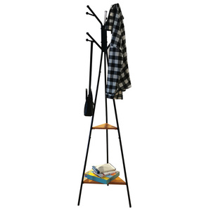 Free cloth standing display clothes space-saving vintage hat hanger holder metal coat rack stand with 2-tier storage shelves