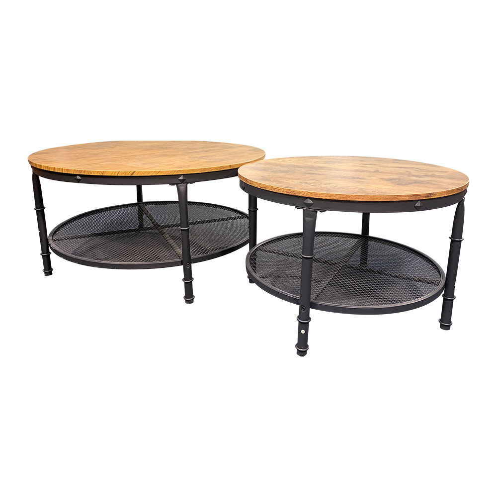 French oak color round wooden coffee table with metal legs for living room