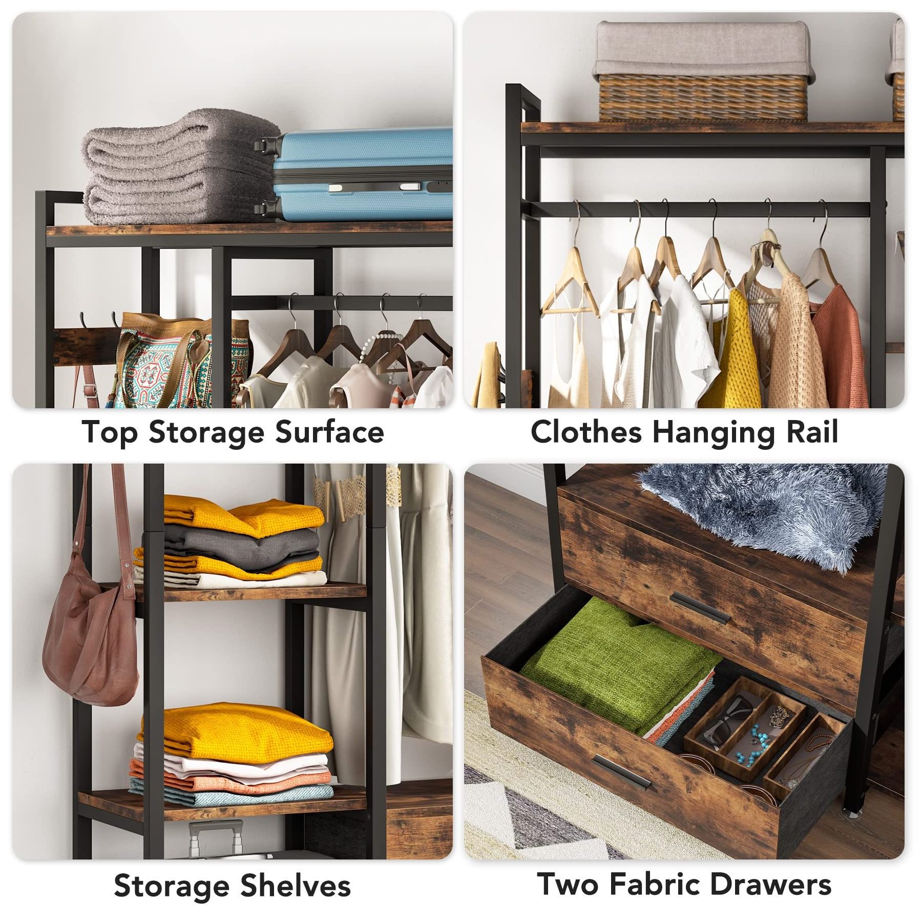 Heavy Duty Garment Rack Hanging Clothing Wardrobe Storage Closet Clothes Rack with Drawers and Shelves Clothes Racks