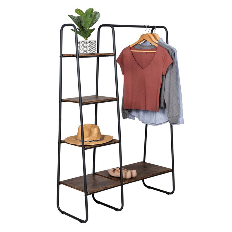 Free standing metal frame coat clothes hanging rack 4 tier wood shelvers clothing garment rack