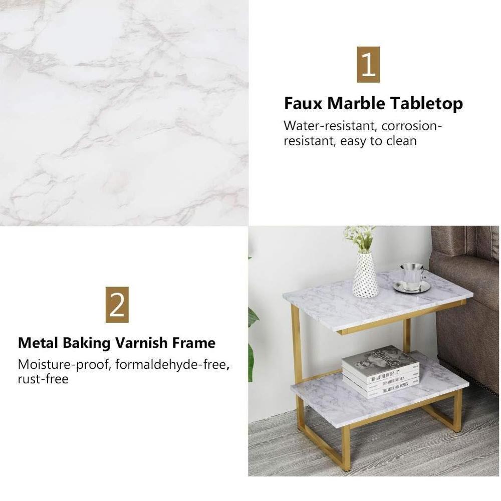 Light Wood White Faux Marble Printing Top Gold Frame Side End Table With 2-Tier Storage Shelf for Living Room or Bedroom