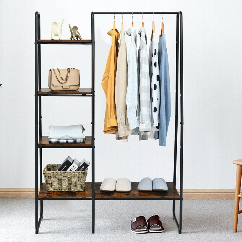 Free standing metal frame coat clothes hanging rack 4 tier wood shelvers clothing garment rack