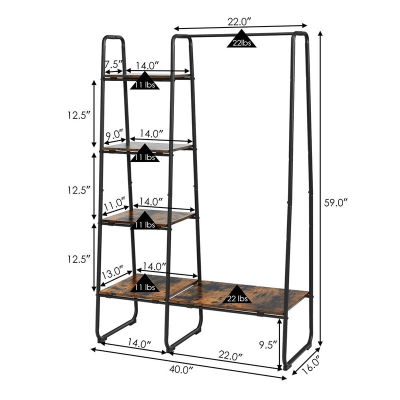 Free standing metal frame coat clothes hanging rack 4 tier wood shelvers clothing garment rack