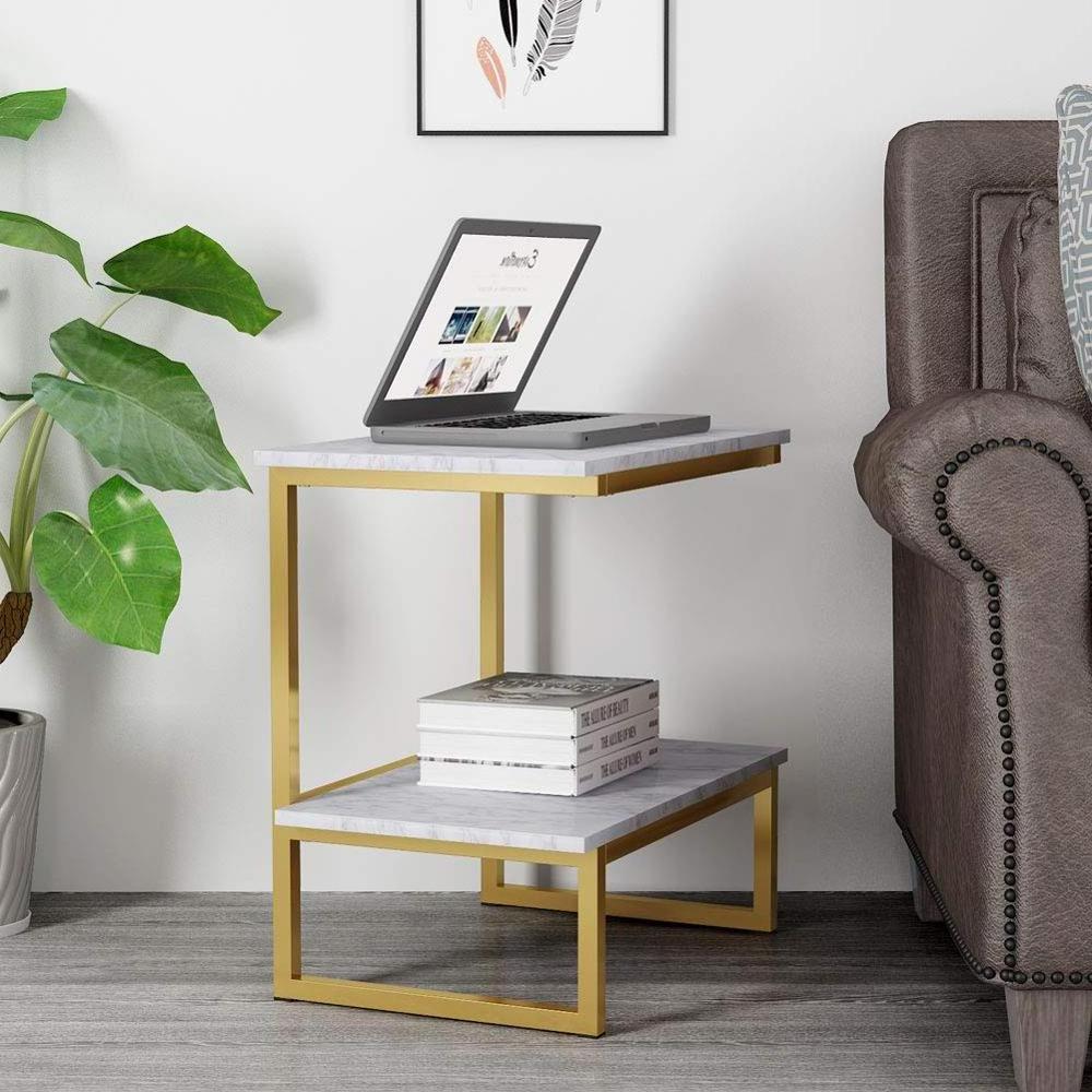 Light Wood White Faux Marble Printing Top Gold Frame Side End Table With 2-Tier Storage Shelf for Living Room or Bedroom