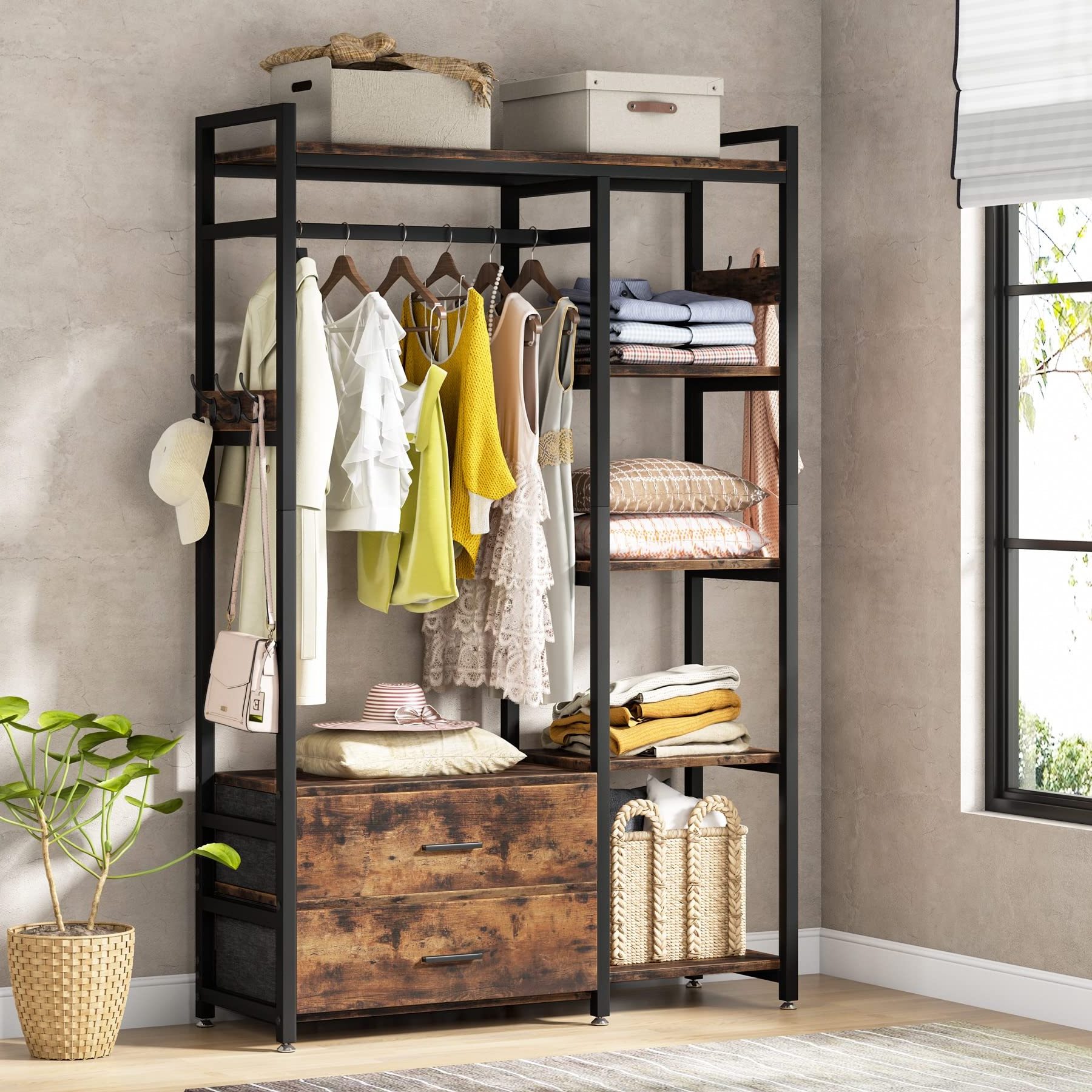 Heavy Duty Garment Rack Hanging Clothing Wardrobe Storage Closet Clothes Rack with Drawers and Shelves Clothes Racks