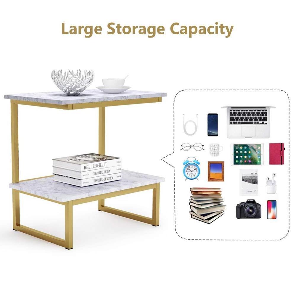 Light Wood White Faux Marble Printing Top Gold Frame Side End Table With 2-Tier Storage Shelf for Living Room or Bedroom