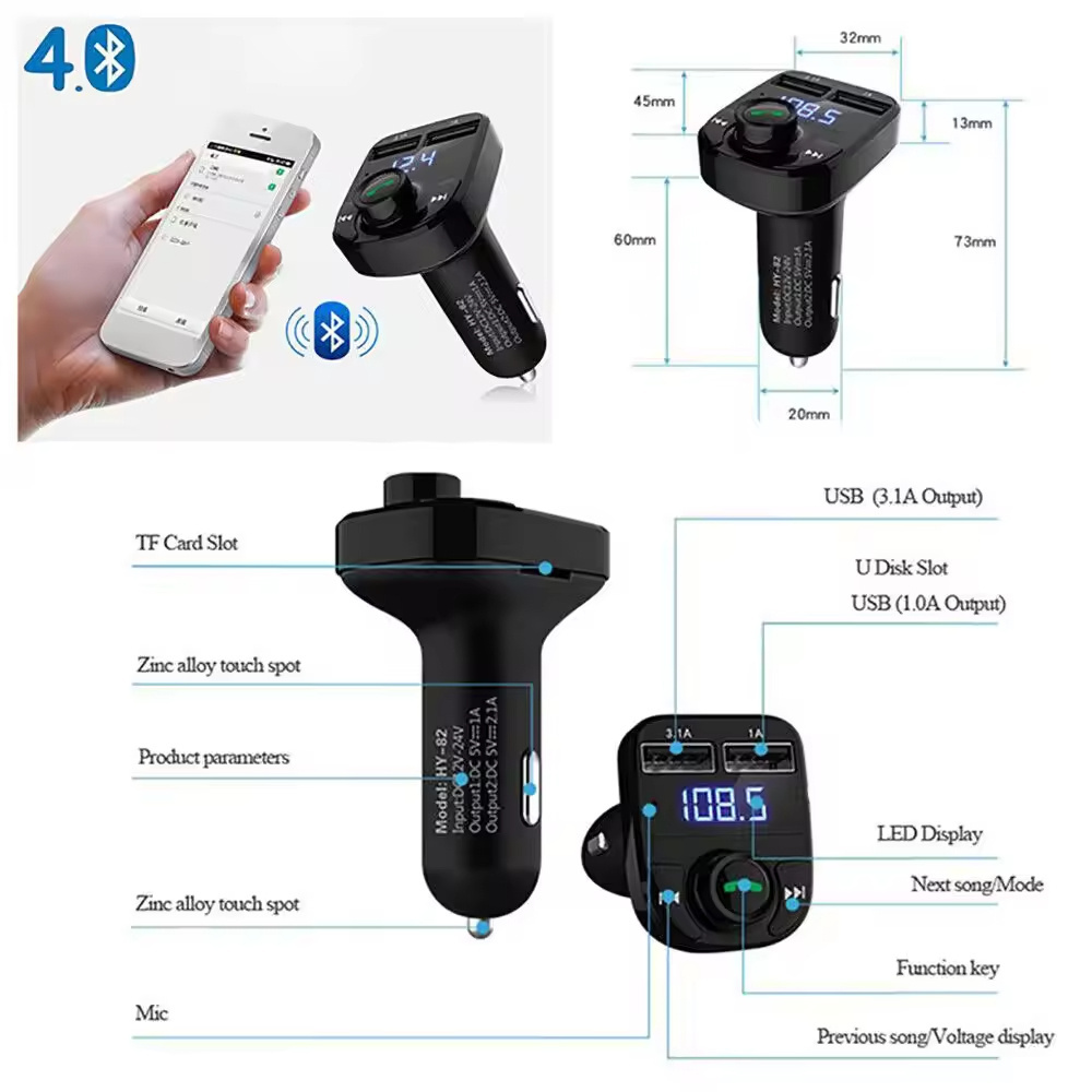 Audio MP3 Player 3.1A Blue tooth Car FM Transmitter Dual USB Quick Charge Car Charger