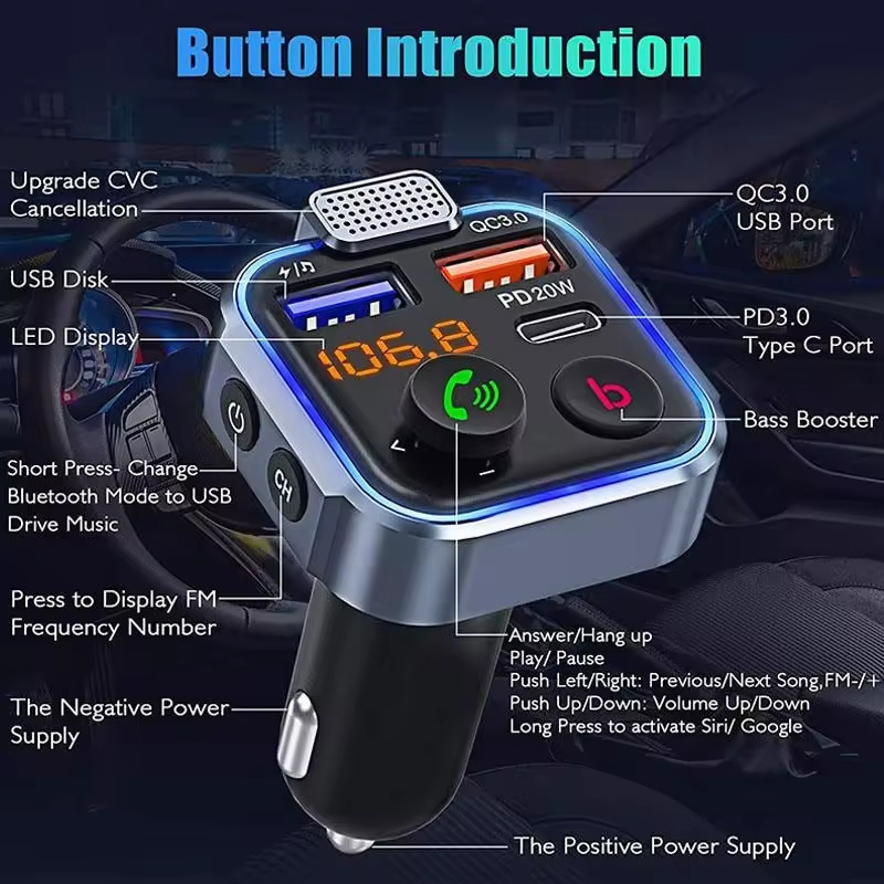 Audio MP3 Player PD20W QC3.0 Bluetooth Car FM Transmitter Dual USB Quick Charge Fast Car Charger