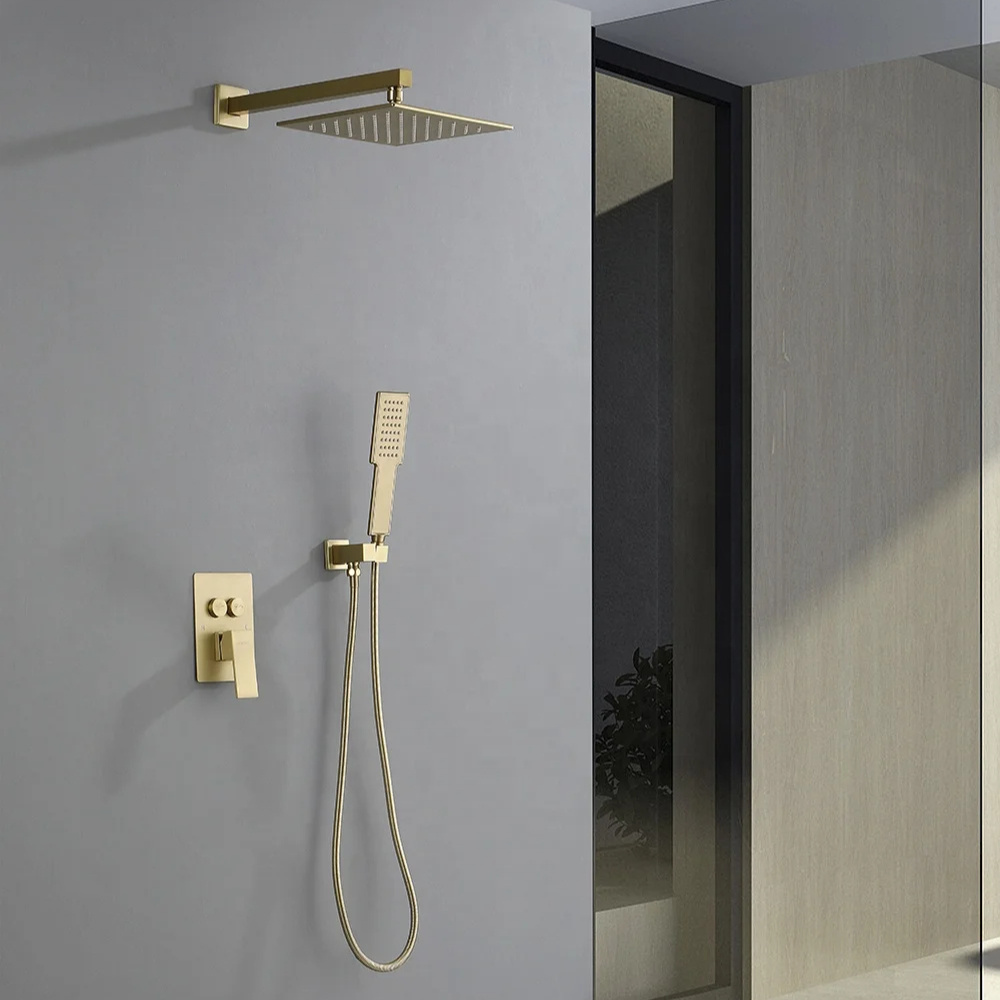 Brushed Gold brass Thermostatic 3 way shower concealed mixer shower system faucet sets hot cold water Mixer concealed  with 10in