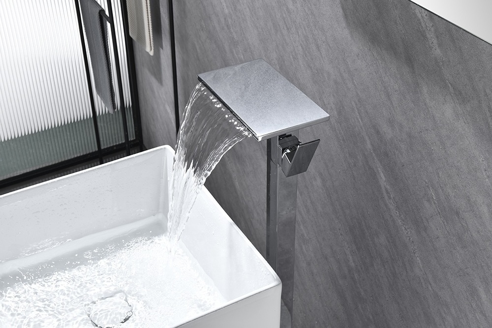 Bathroom Brushed silver free standing faucet santary ware brass floor standing bathroom mixer taps waterfall basin sink faucet