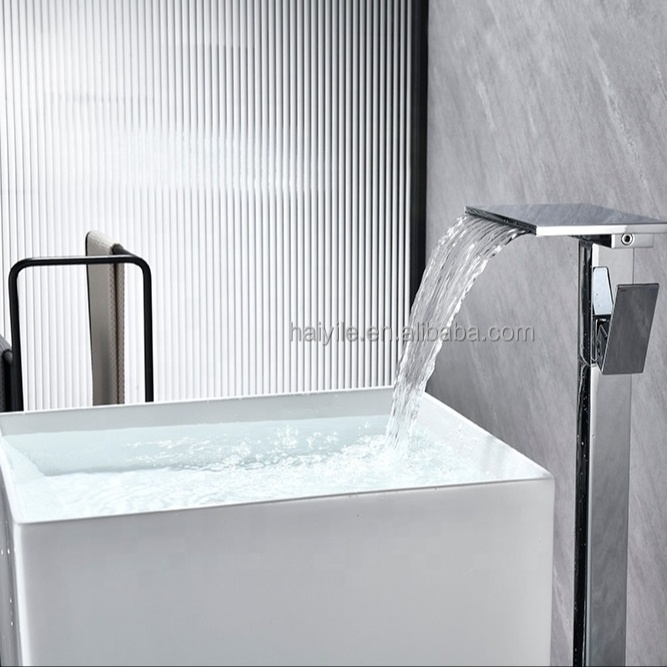 Bathroom Brushed silver free standing faucet santary ware brass floor standing bathroom mixer taps waterfall basin sink faucet