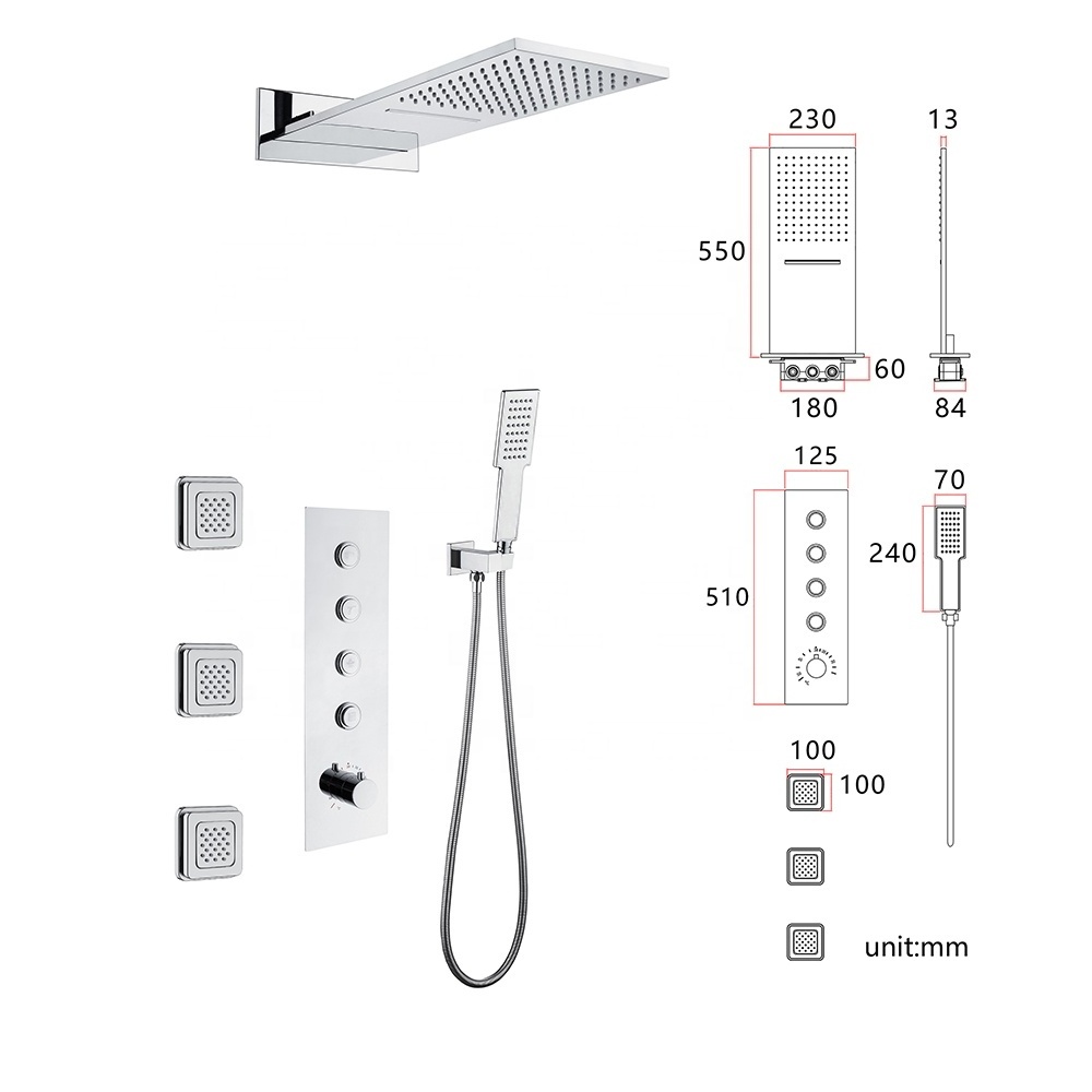 Factory price luxury design rain shower wall mounted bath rainfall waterfall shower set gold black bathroom shower set with jets