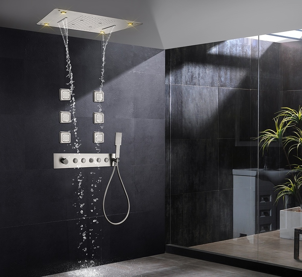 23*19.5inchs Bathroom Luxury Black Shower Faucet Mixer Valve Combo Set Wall Mounted Rainfall Shower Head System and Body Jet