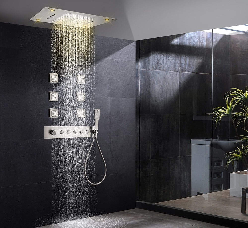 23*19.5inchs Bathroom Luxury Black Shower Faucet Mixer Valve Combo Set Wall Mounted Rainfall Shower Head System and Body Jet