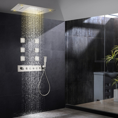 23*19.5inchs Bathroom Luxury Black Shower Faucet Mixer Valve Combo Set Wall Mounted Rainfall Shower Head System and Body Jet