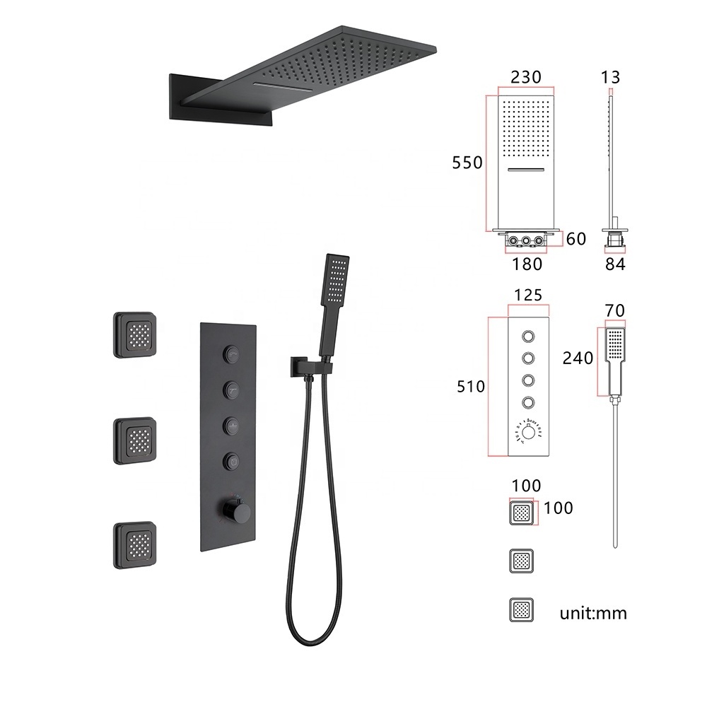 Factory price luxury design rain shower wall mounted bath rainfall waterfall shower set gold black bathroom shower set with jets