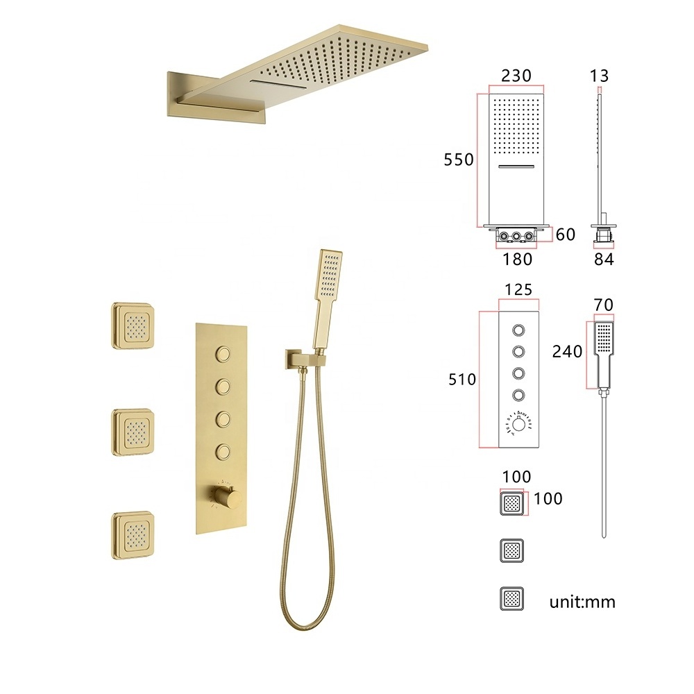 Factory price luxury design rain shower wall mounted bath rainfall waterfall shower set gold black bathroom shower set with jets