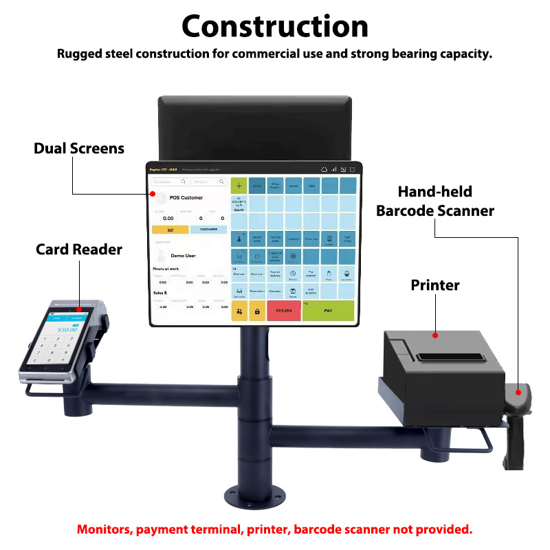 Dual Screen POS Pole mount stand for retail swivel single multipurpose countertop monitor stand for card reader/scanner/printer