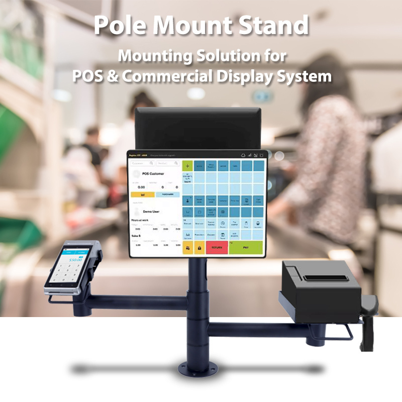 Dual Screen POS Pole mount stand for retail swivel single multipurpose countertop monitor stand for card reader/scanner/printer