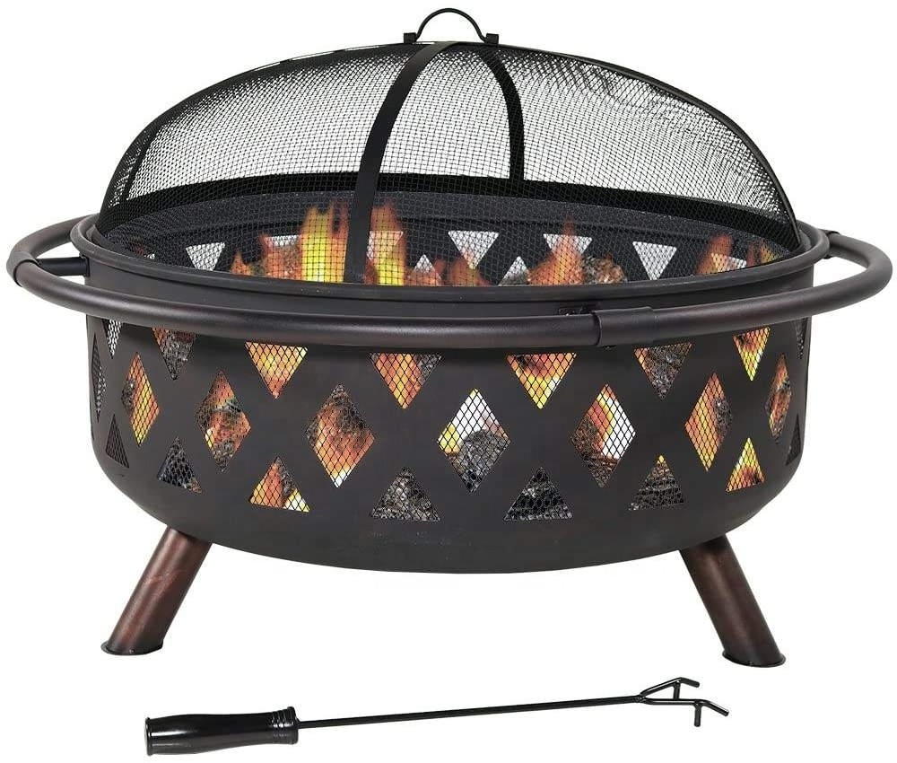 36 Inch Large Bonfire Wood Burning Patio & Backyard Outdoor Fire Pit with Spark Screen Stainless Steel Fire Pit