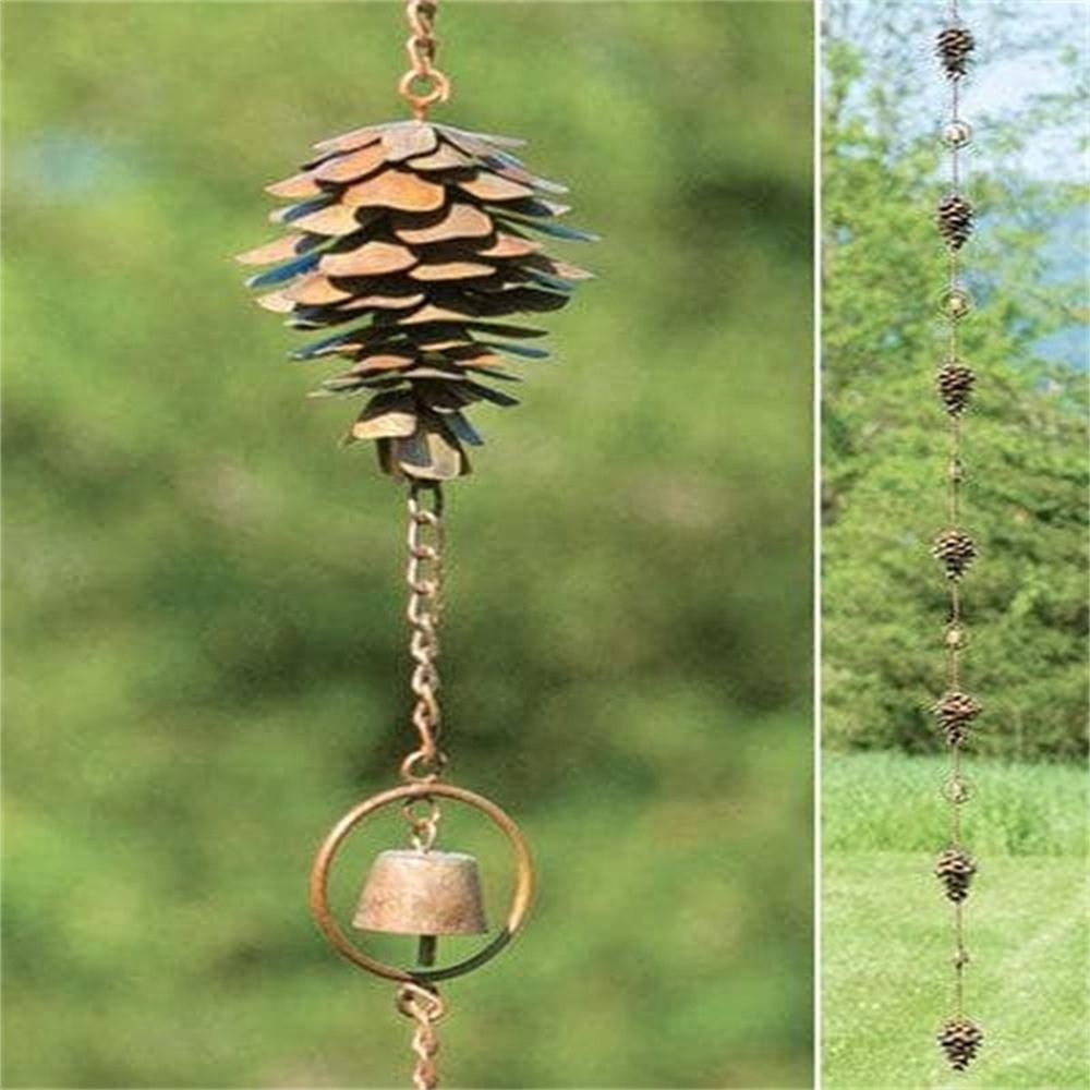 Hot Sale Pine Cone Rain Chain and Metal Bells Craft Outdoor Metal Crafts Wind Chimes Rust Resistant Iron Plated and Chain