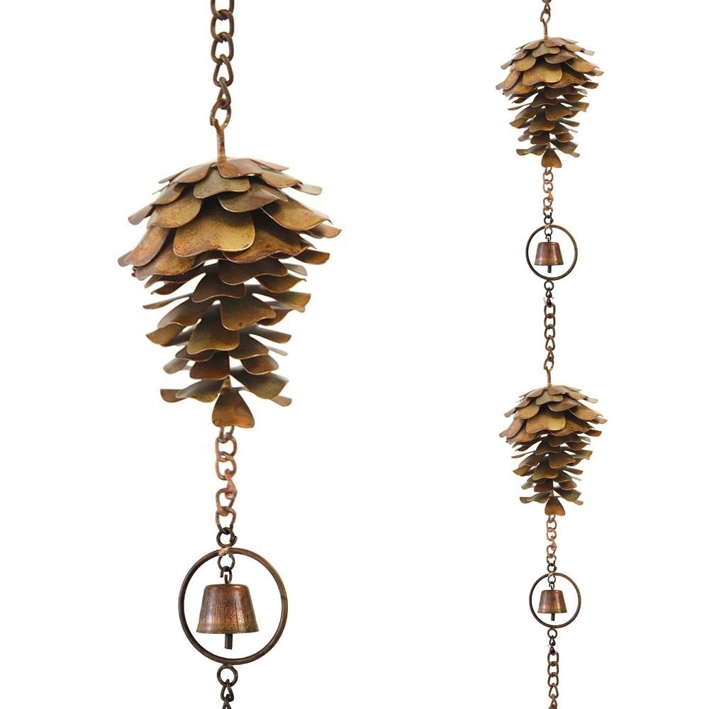 Hot Sale Pine Cone Rain Chain and Metal Bells Craft Outdoor Metal Crafts Wind Chimes Rust Resistant Iron Plated and Chain