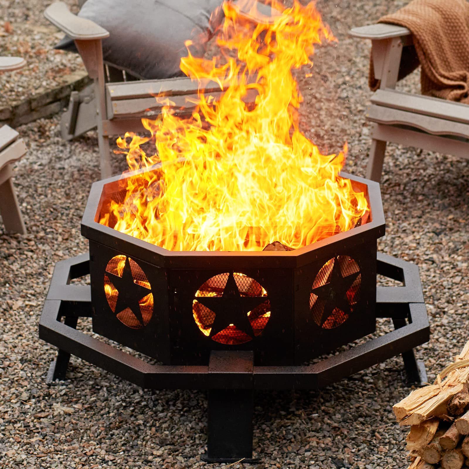 Outdoor Fire Pit for Wood 35in Metal Firepit for Patio Wood Burning Fireplace Square Garden Stove with Charcoal Rack