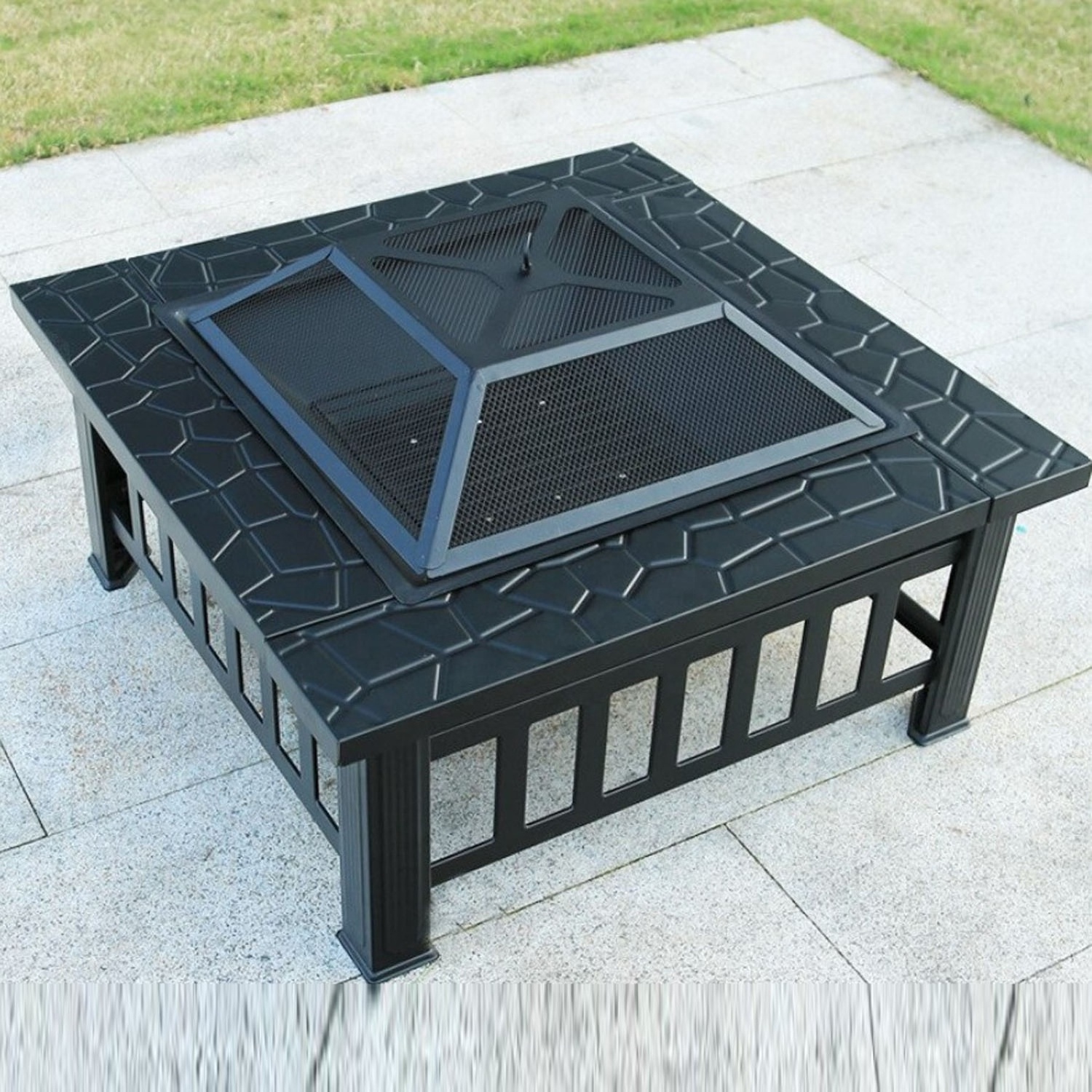 Outdoor Fire Pit Table Wood Burning Fireplace Backyard Patio Firepit Desk Fire Bowl with Spark Protection and Cooking Grate