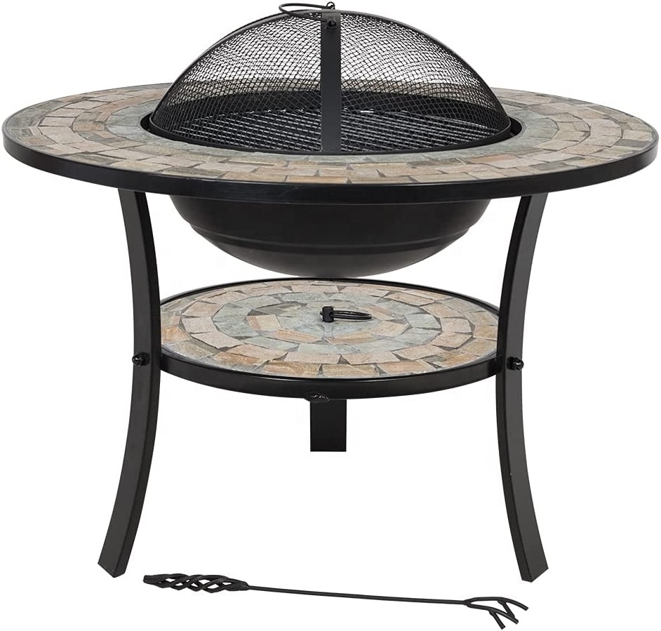 Outdoor Round Fire Pit with ceramic tiles table Patio Backyard Fireplace Garden Mosaic Firepit Bowl for Patio Heating