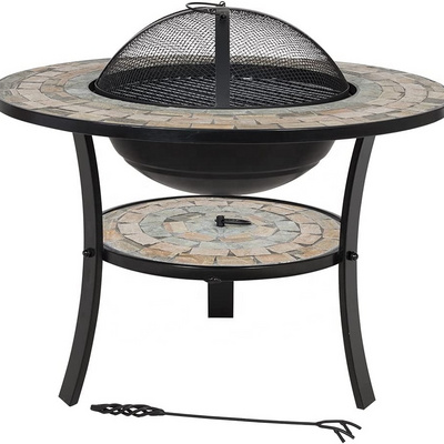 Outdoor Round Fire Pit with ceramic tiles table Patio Backyard Fireplace Garden Mosaic Firepit Bowl for Patio Heating