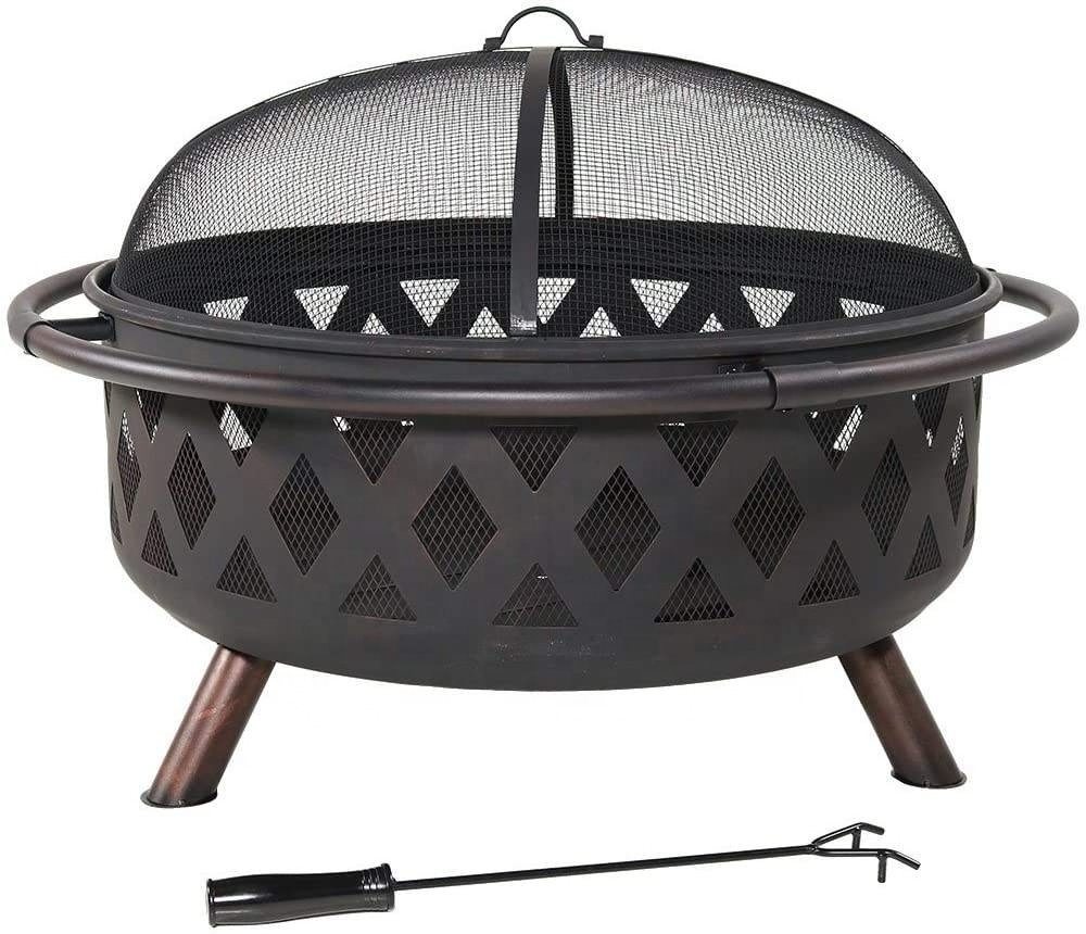 36 Inch Large Bonfire Wood Burning Patio & Backyard Outdoor Fire Pit with Spark Screen Stainless Steel Fire Pit