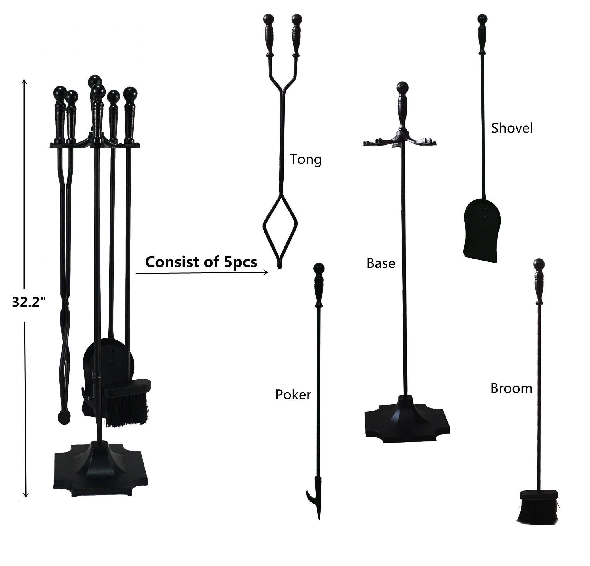 Fireplace Tools Set 5 Pieces Wrought Iron Fireset Fire Pit Poker Wood Stove Log Tongs Holder Fireplace Tool Set with Pedestal Pl