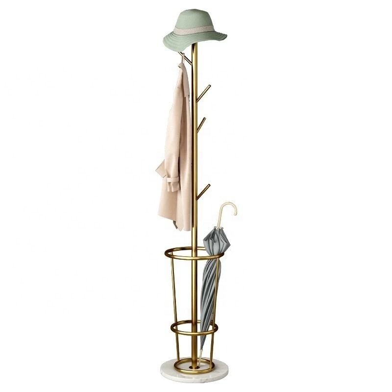 2023 New Arrival Marble Base Gold Umbrella Stand Bedroom Floor Coat Hanger Storage Tree Racks With Umbrella Holder